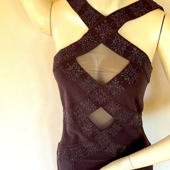 CACHE Stretch sleeveless cut out mesh maxi evening dress beaded comfy brown 8 - Picture 2 of 16